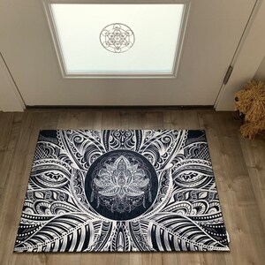Lotus Rug Black & White Rug Spiritual Rug Gray Floor Rug 3x5 4x6 5x7 ...
