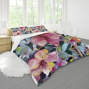 Flowers Comforter or Duvet Cover art bedding floral comforter pink blue artwork duvet botanical bedding flower comforter