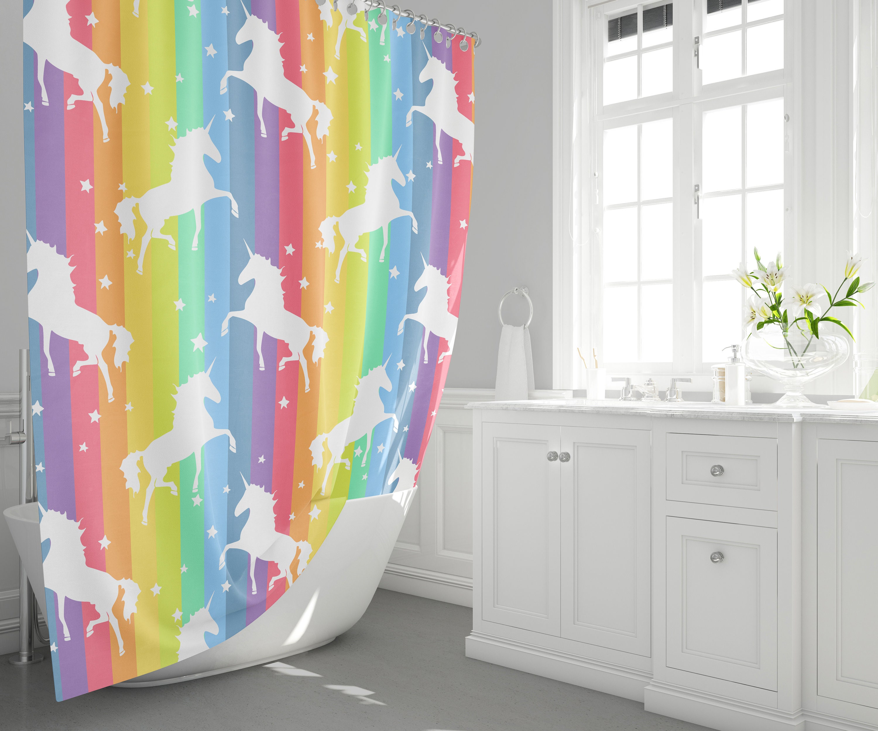 Rainbow Unicorn Shower Curtain Girly Shower Curtains Unicorn Etsy