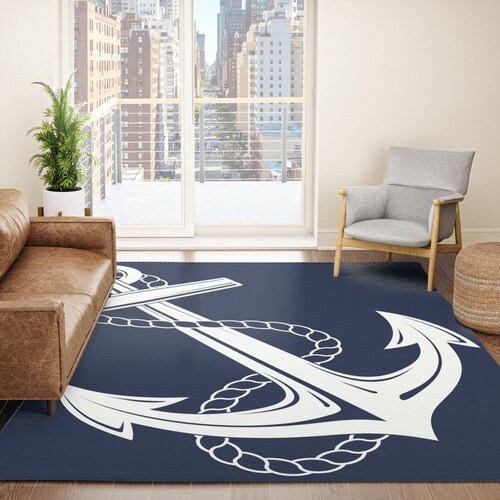 Anchor Rug Navy & White Rug Nautical Rug Boaters Floor Rug Etsy
