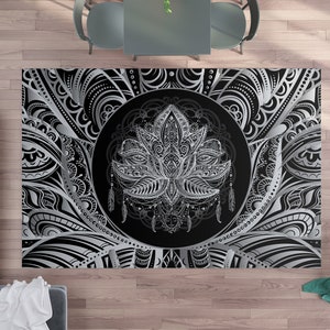 Lotus Rug black & White Rug spiritual Rug gray Floor Rug 3x5 4x6 5x7 Large rugs round trippy lotus flower rugs sacred geometry