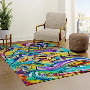 Abstract Jazz Rug colorful abstract Rug orange blue yellow modern Rug contemporary Floor Rug 4x6 5x7 Large rugs