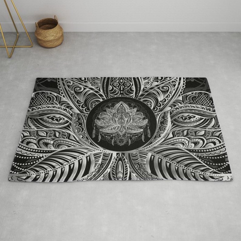 Lotus Rug Black & White Rug Spiritual Rug Gray Floor Rug 3x5 Etsy