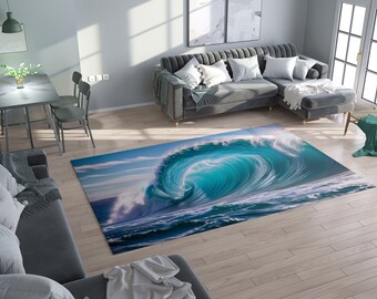 May include: A blue and white rug with a large wave crashing on the ocean. The rug is on a hardwood floor in a living room with a couch and a table.