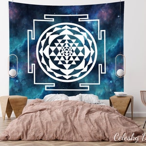 Sri Yantra Tapestry Blue galaxy sacred geometry wall art spiritual tapestries