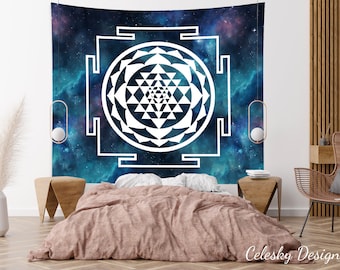 Sri Yantra Tapestry Blue galaxy sacred geometry wall art spiritual tapestries