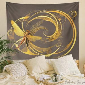 Gold Dragonfly Tapestry Dragonflies Art blue gray Tapestry golden dragonfly Tapestries swirly