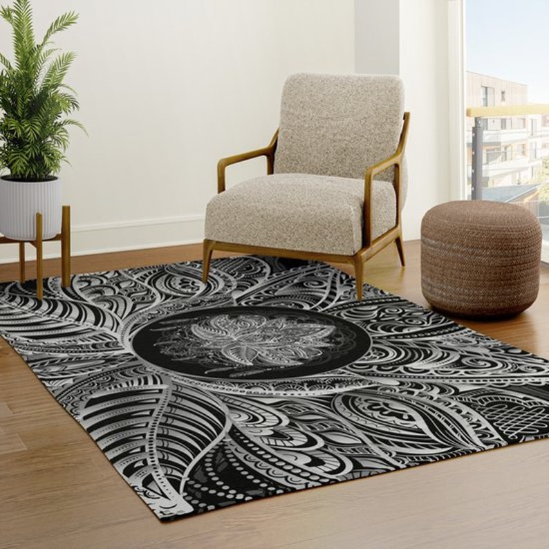Lotus Rug Black & White Rug Spiritual Rug Gray Floor Rug 3x5 Etsy