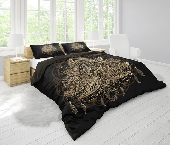 Black Gold Lotus Comforter Or Duvet Cover Sacred Geometry Etsy