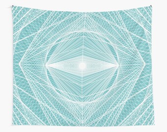 Blue & White Fractal Tapestry sacred geometry linear tachyon crystal grid white light pyramid