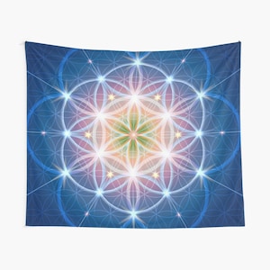 May include: A tapestry featuring a colorful geometric pattern with a blue background. The pattern is a flower of life design with a central flower and radiating circles.