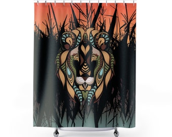 May include: A shower curtain with a detailed lion's head design. The lion is in shades of brown, teal, and gold, set against a backdrop of tall, dark grass and an orange sky. The curtain is designed to hang from a rail.