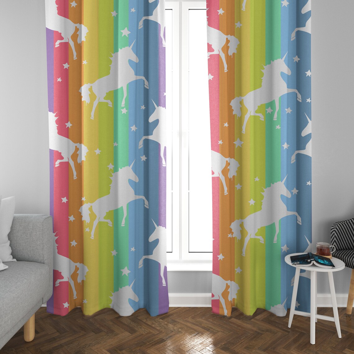 Rainbow Unicorn Window Curtains Girly Drapery Unicorns Curtain Etsy
