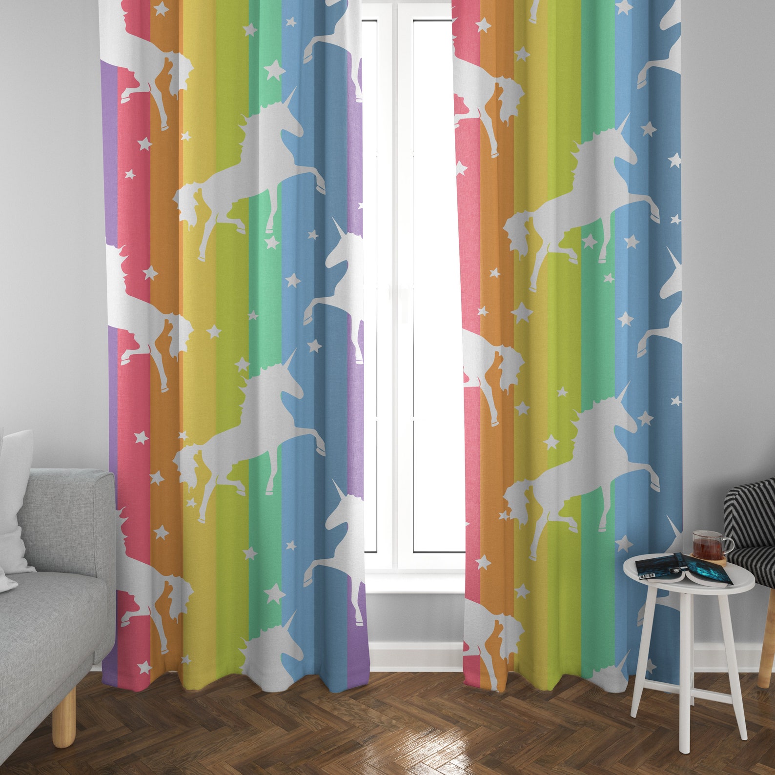 Rainbow Unicorn Window Curtains Girly Drapery Unicorns Curtain Etsy