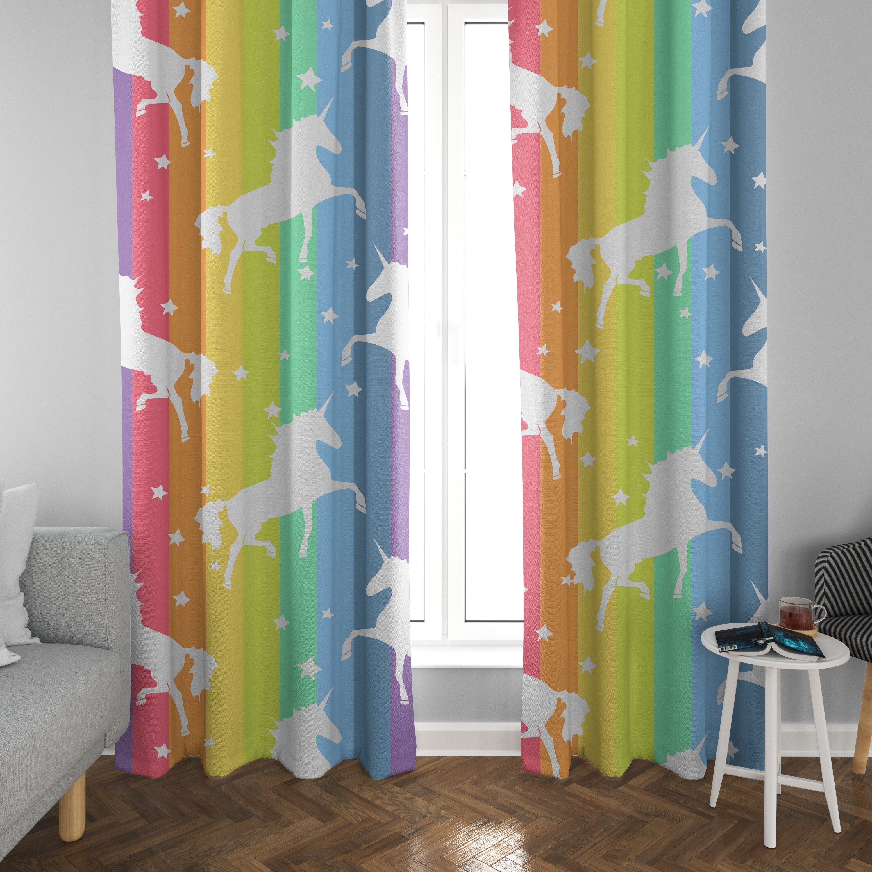 Rainbow Unicorn Window Curtains Girly Drapery unicorns Curtain Etsy