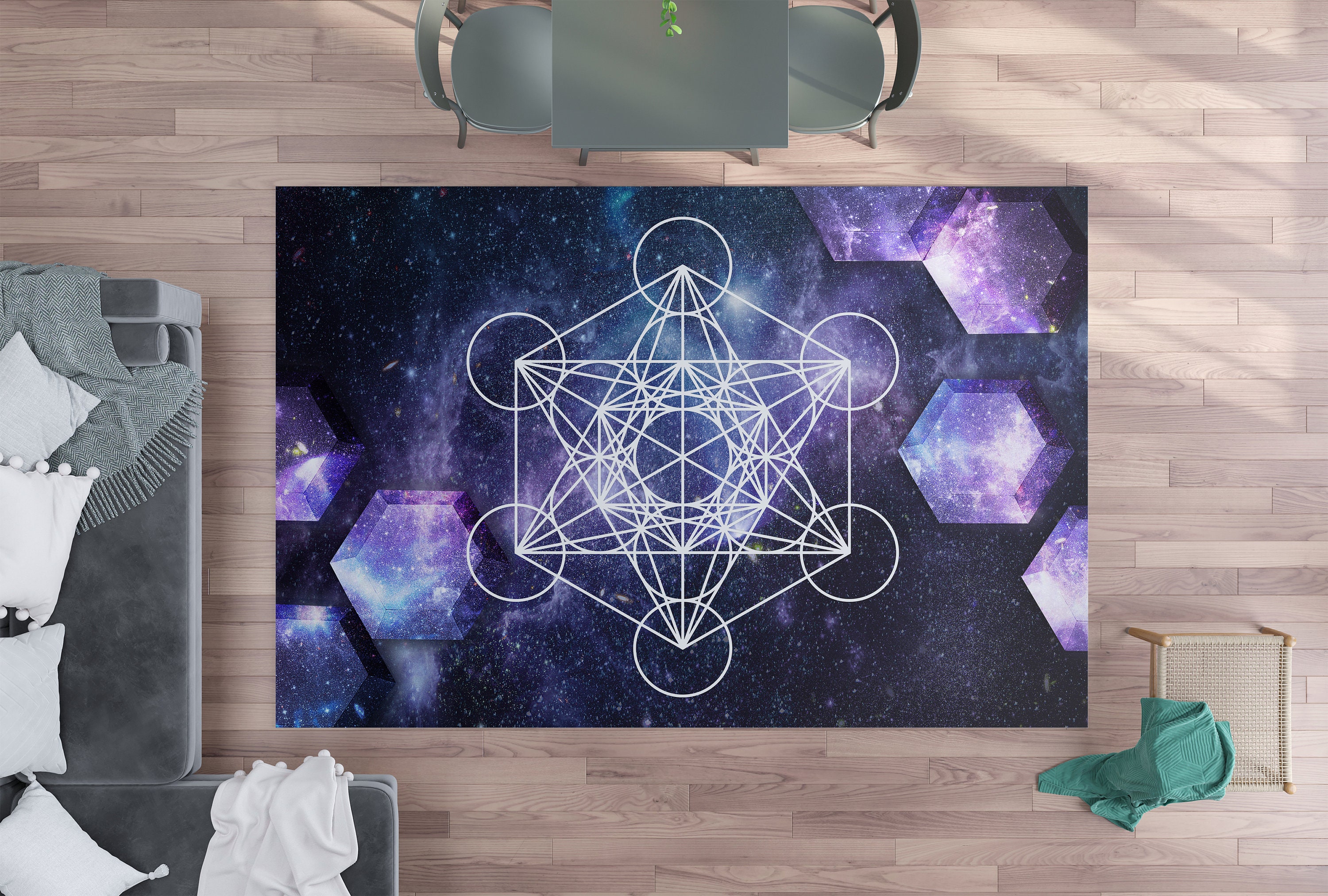 Metatron Cube Rug Metatron's Cube Rug Sacred Geometry Rug Galaxy Rug Blue Purple 2x3 3x5 ...