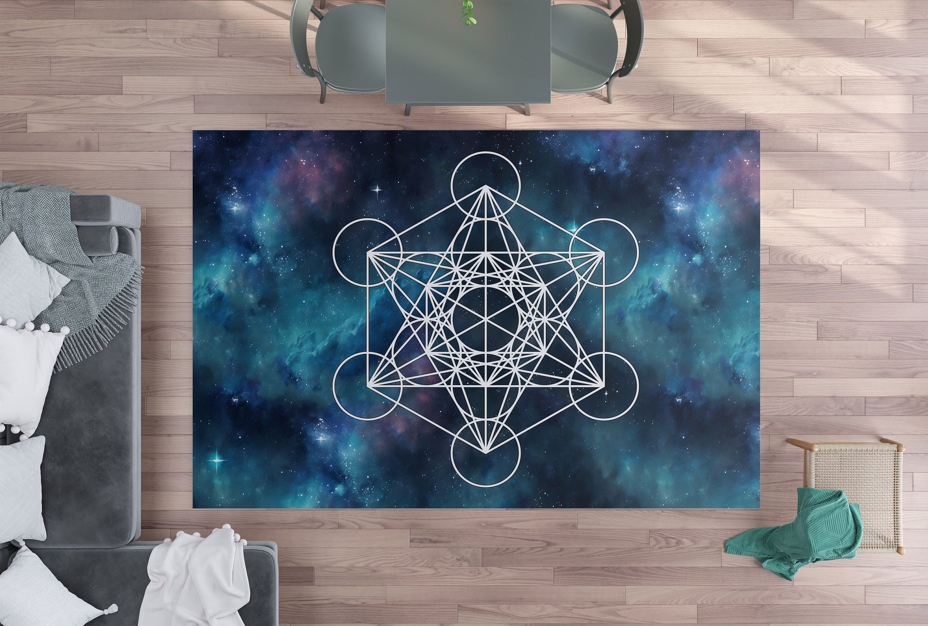 Metatron Cube Rug Metatron's Cube Rug Sacred Geometry Rug Galaxy Rug Blue Metatrons Cube ...