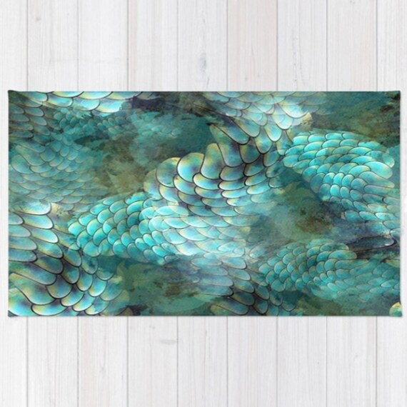 Mermaid Scales Area Rug Aqua Rugs Ocean Unique Fish Gift Gifts Teal Blue Decor