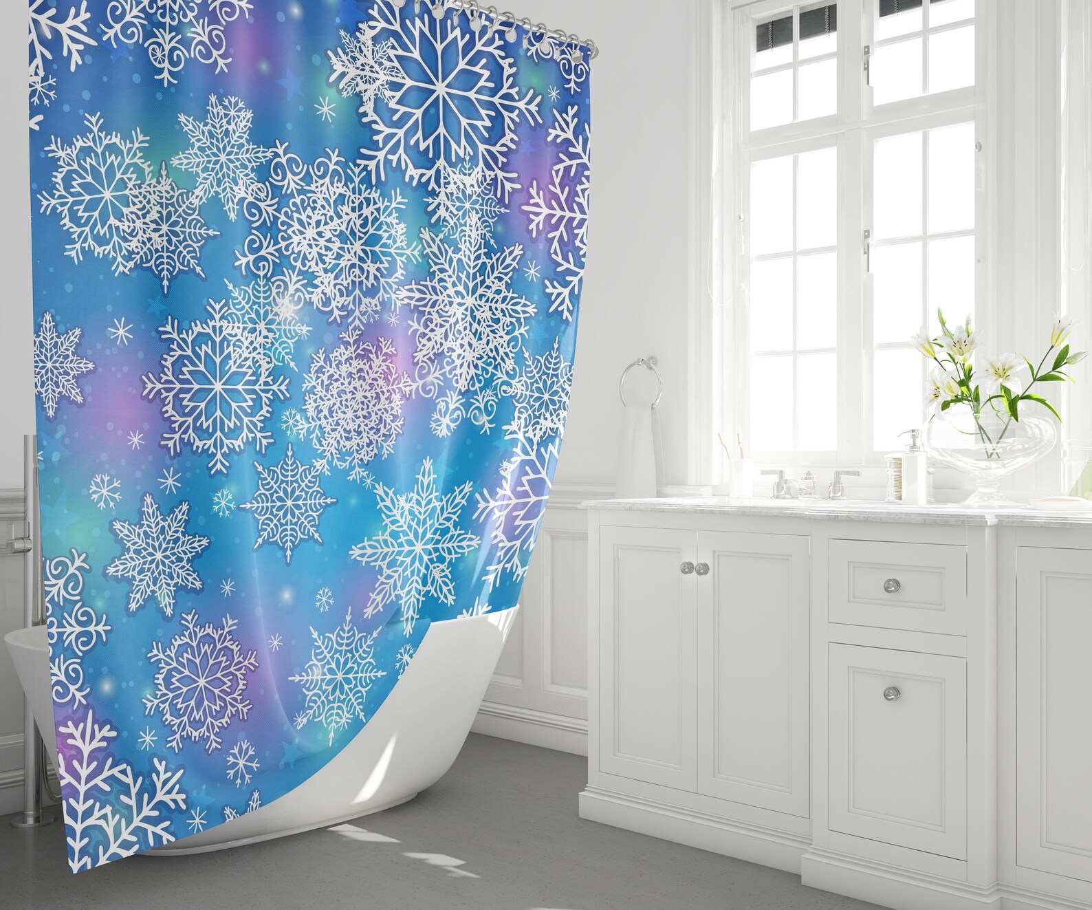 Snowflakes Shower Curtain Blue Bathmat Cute Xmas Bath Decor Etsy
