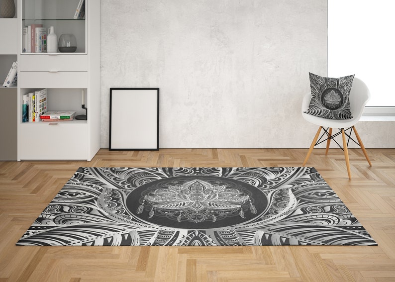 Lotus Rug Black & White Rug Spiritual Rug Gray Floor Rug 3x5 Etsy