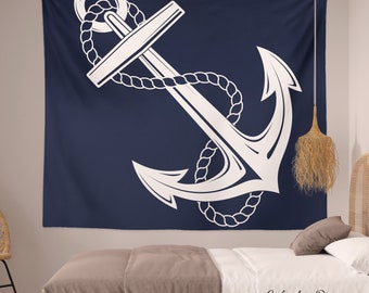 Anchor tapestry nautical tapestry navy white rope anchors wall hanging boating tapestries ocean beach decor