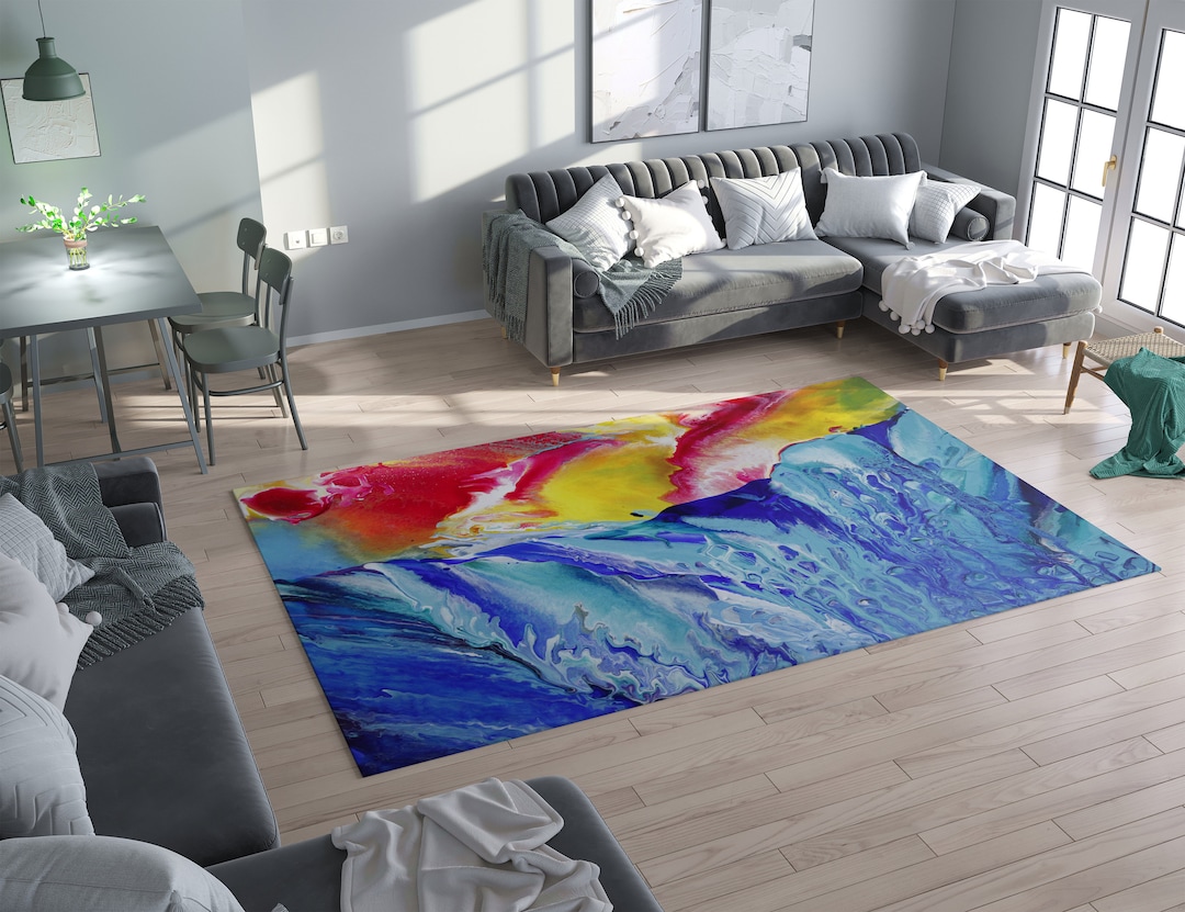 Abstract Ocean Rug Blue Yellow Rug Aqua Rug Colorful Floor Rug 3x5 4x6 ...