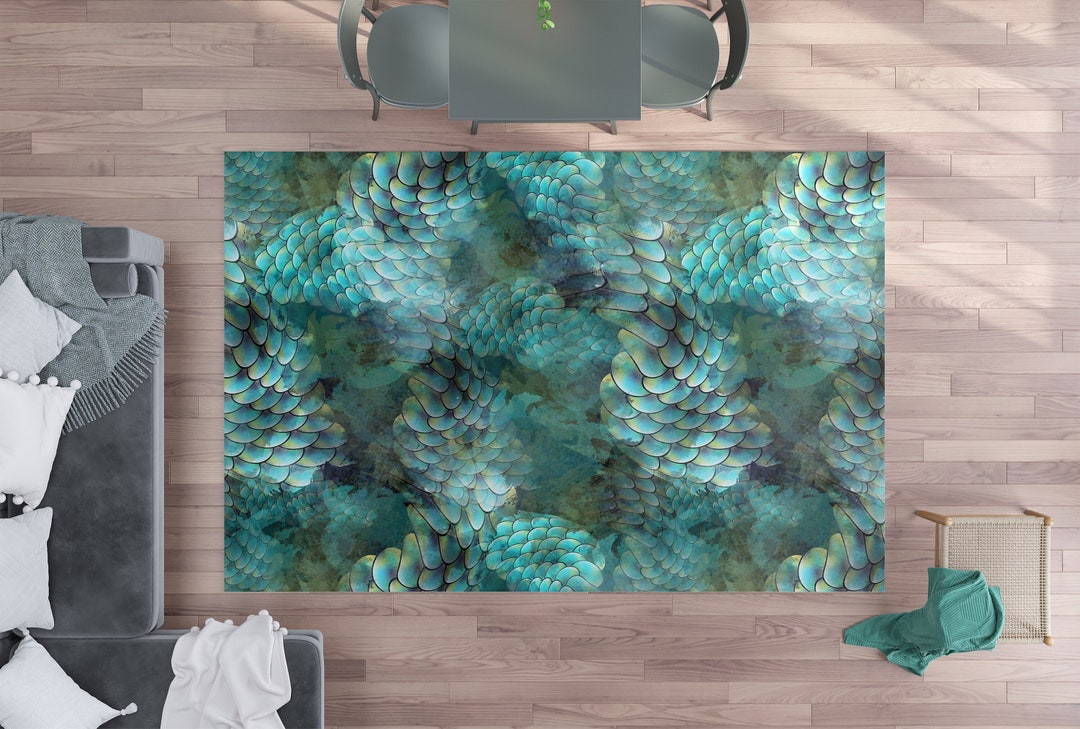 Mermaid Scales Area Rug, Aqua Blue Fish Scale Ocean Decor - Etsy