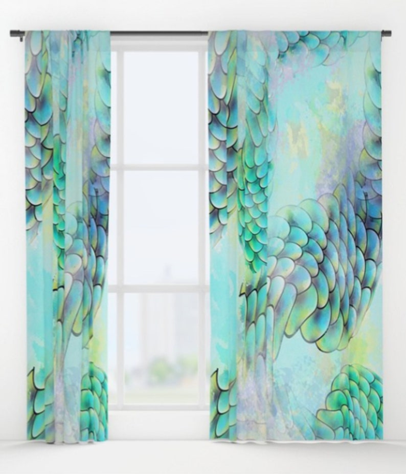 Mermaid Watercolor Window Curtain Blue Dry Panels Image 0