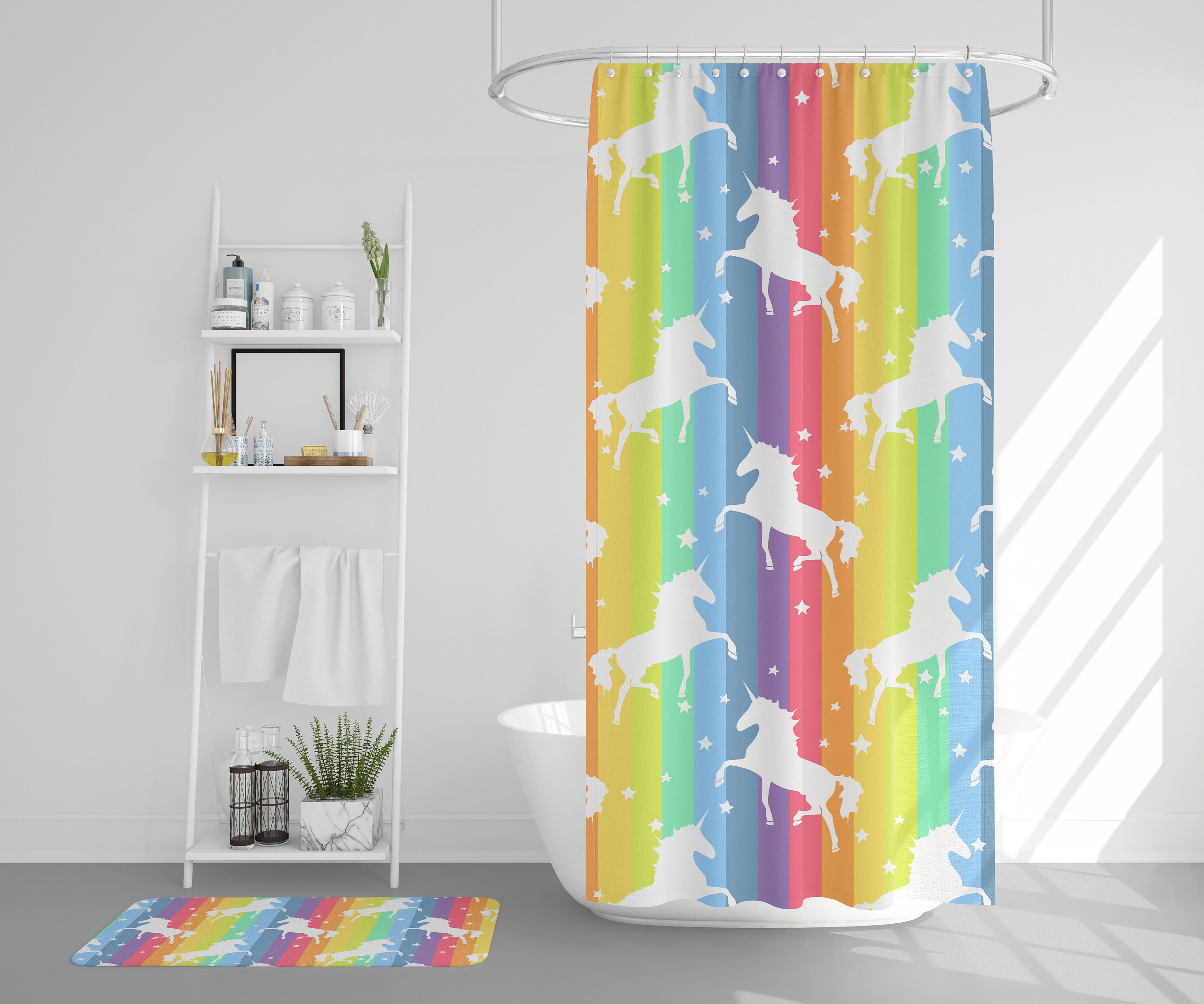 Rainbow Unicorn Shower Curtain Girly Shower Curtains Unicorn Etsy