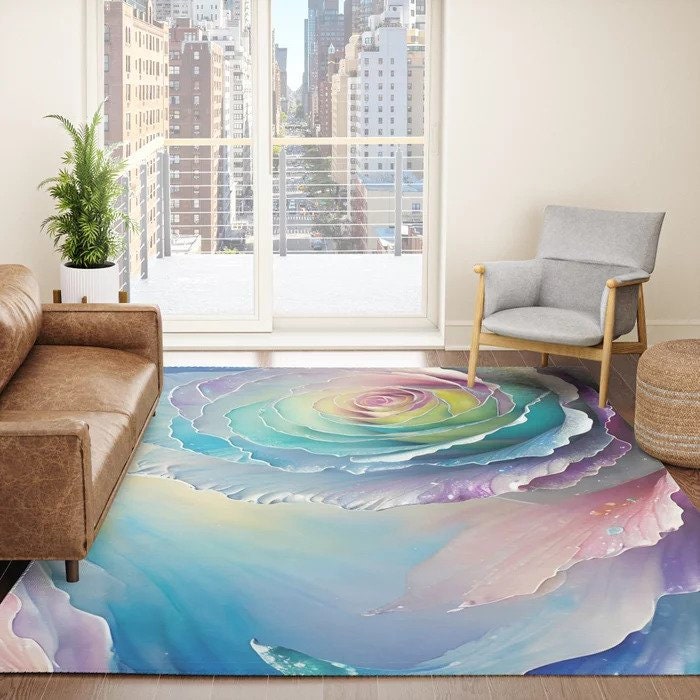 Large One Rose Rug Pastel Rose Rug Colorful Roses Rug Pink Blue Rainbow Rose Petals Rug ...