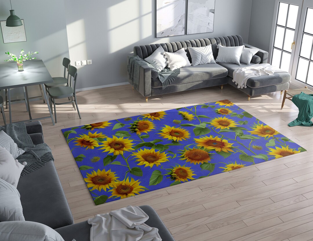 Sunflower Rug Blue Yellow Floral Rugs Sunflowers Floor Mat Etsy