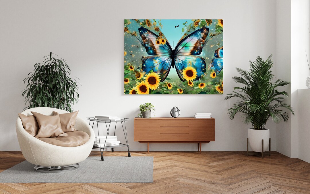 Butterfly Sunflower Canvas Art Blue Butterflies Yellow Sunflowers ...
