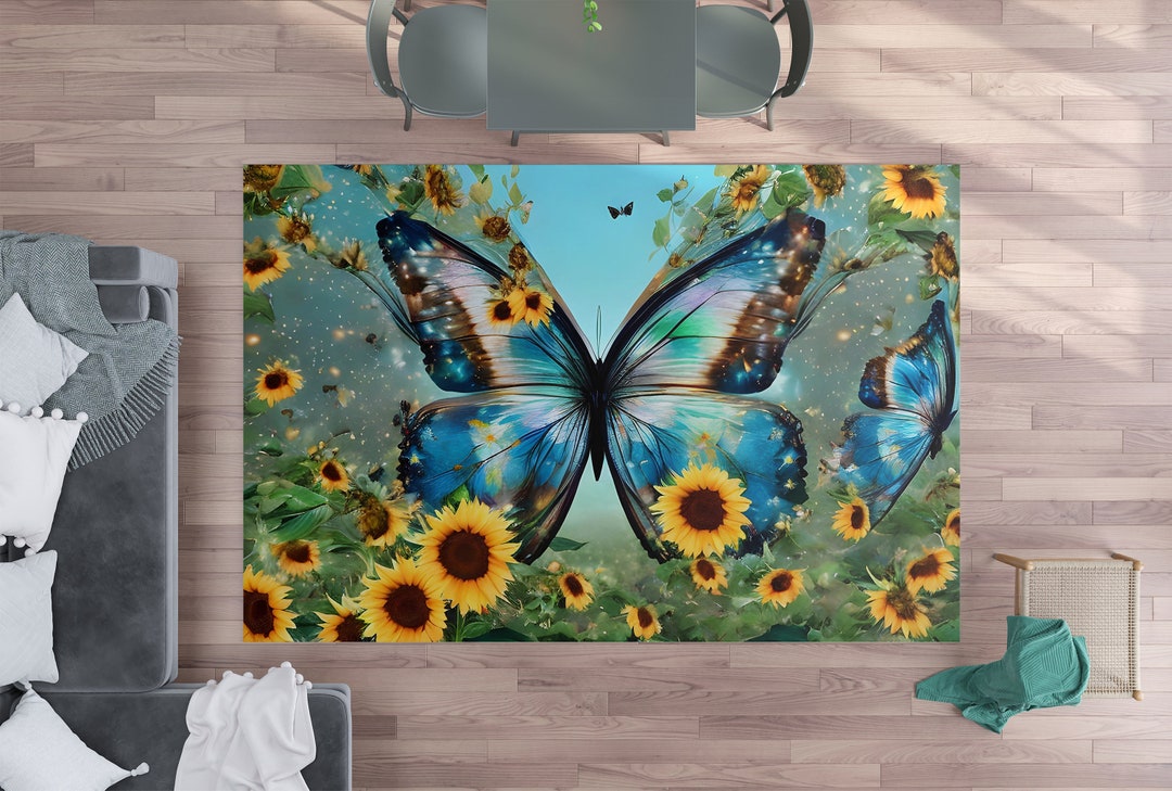 Butterfly Rug Sunflowers Rug Blue Rug Butterflies Floor Rugs 3'x5' 4'x6 ...