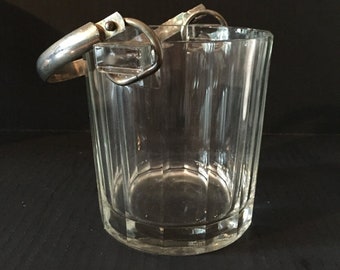 Vintage Glass Ice Bucket, Mid Century Clear Glass Paneled Ice Bucket, Retro Barware