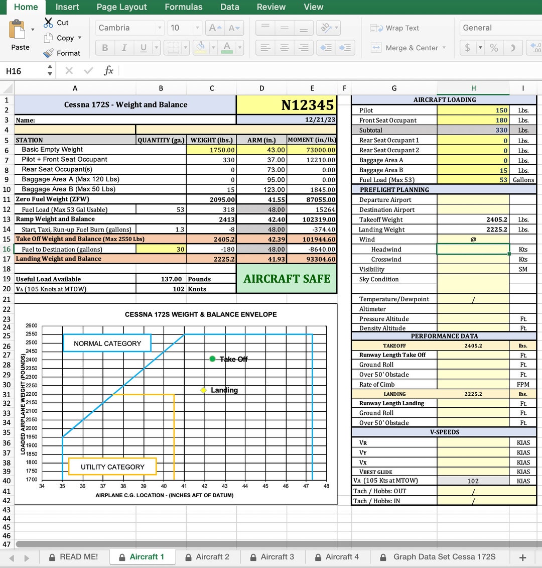 Cessna 172S Weight and Balance Template Excel automatically Etsy
