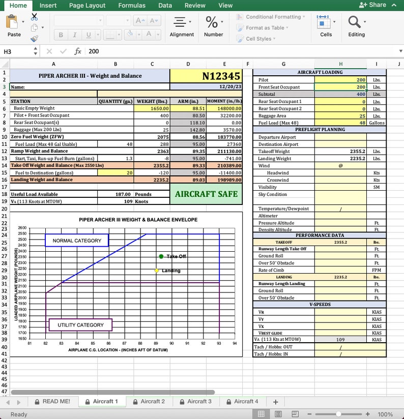 Piper Archer 3 Weight and Balance Template Excel automatically
