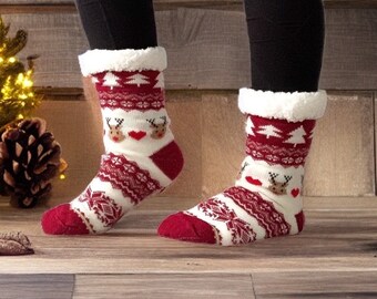 Thick Fleece-Lined Christmas Socks | Fluffy Non-Slip Socks | Plush Warm Soft Socks | Ugly Christmas Sweater Pattern | Cute Fuzzy Slippers