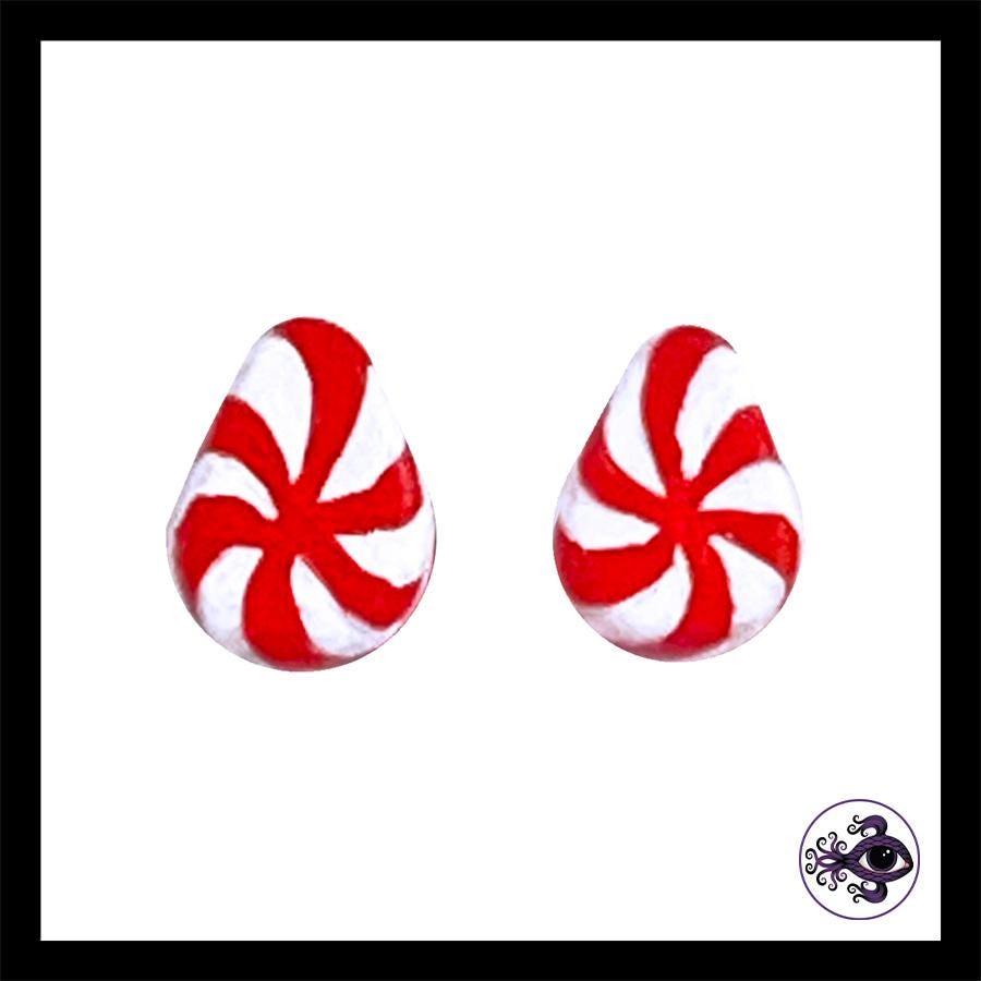 Plugs - 0g 8mm Candy Cane Teardrop - Hand Painted & Sculpted Clay Gauge Earrings