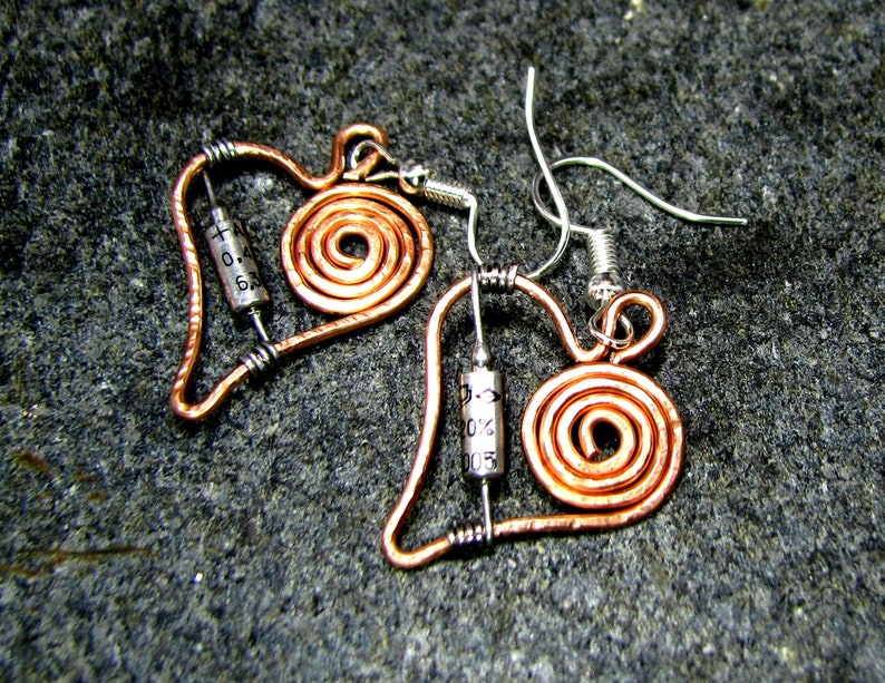 Electronic Parts Earrings Geek Wired Jewelry Vintage USSR transistor copper wire Earrings Recycled Hardware Spiral copper wire