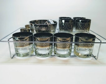MCM vitreon Queens Lusterware glasses and ice bucket set with Carrier