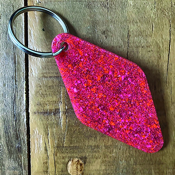 epoxy resin keychain, atomic style Nuevo Retro key ring with thrifted recycled materials, handmade by voodoo plastic