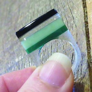 chunky green and black stripe resin ring, size 6, handcrafted statement jewelry