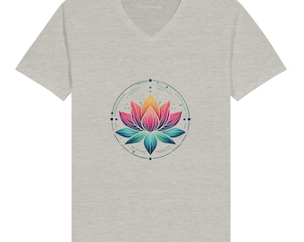 Camiseta com decote em V e estampa de flor de lótus | Mandala dos Chakras, Zen Espiritual