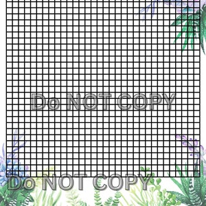 Op de afbeelding: Een printbare opruimuitdaging met een zwart-wit rasterpatroon. Het raster is omgeven door een rand van aquarelsucculenten in tinten groen, paars en blauw. De tekst "Declutter Challenge" staat bovenaan het raster. De tekst "Do Not Copy" staat meerdere keren in de afbeelding.