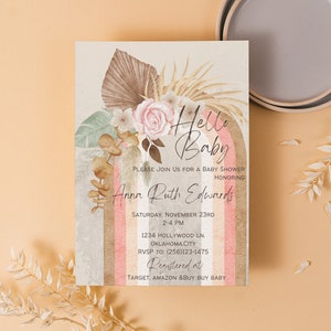 Boho Floral Inviation Modificabile/Baby Shower Inviation/Pampas Grass Boho Baby Shower MODIFICABILE/Lotteria pannolini/Biglietto di ringraziamento/Modello di invito immagine 1