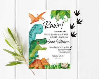 Puede incluir: Una invitación a una fiesta de bienvenida al bebé con temática de dinosaurios. La invitación presenta un dinosaurio verde, azul y naranja con el texto "Rawr! ¡Es un niño!" y "Por favor, únase a nosotros para una fiesta de bienvenida al bebé en honor a Olivia Williams".