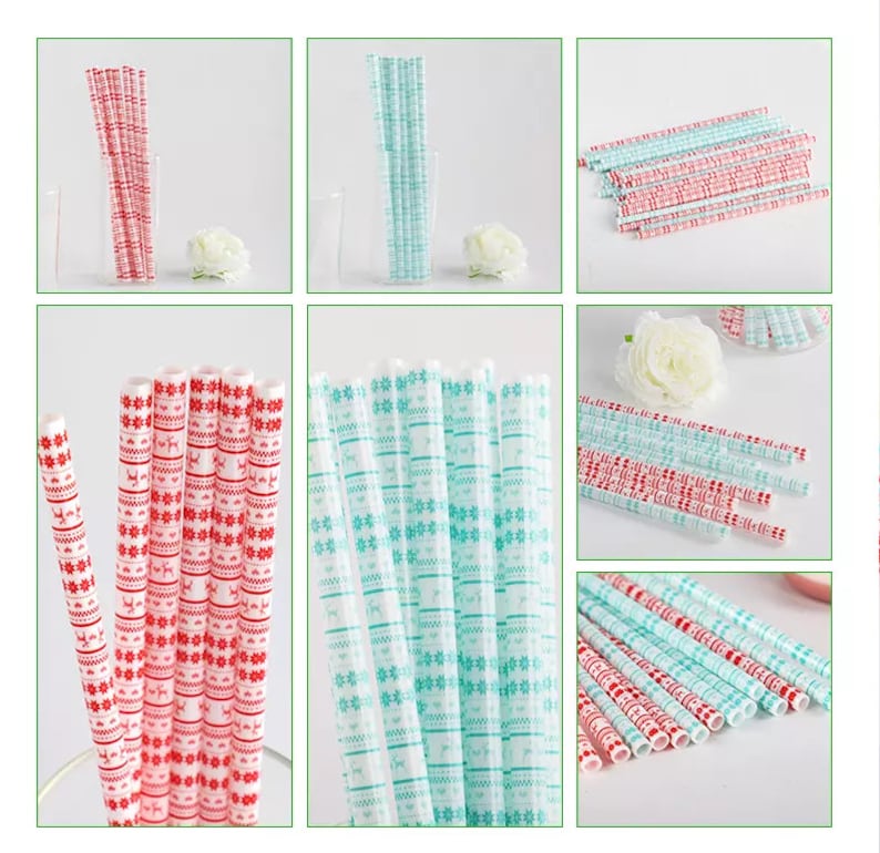 May include: A bundle of red and blue paper straws with a snowflake and reindeer pattern. The straws are arranged in a vertical stack.