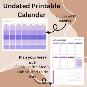 Druckbarer Jahreskalender| Ausdruckbarer Wochenplan| Undatierter Kalender | Lila Kalender| Wochenplaner| Drucke deinen eigenen Planer