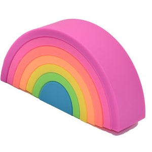 May include: A rainbow-colored silicone arch with seven layers of color, including pink, orange, yellow, green, blue, and purple. The arch is a half-circle shape and is made of soft, flexible silicone.