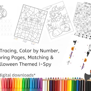 Könnte beinhalten: Ein Satz druckbarer Halloween-Bildungsaktivitäten für Kinder. Das Set enthält ein Buchstaben-Übungs-Arbeitsblatt, eine Malen-nach-Zahlen-Seite, eine Malvorlage, ein Zuordnungs-Spiel und ein Ich-sehe-Spiel. Die Aktivitäten zeigen Kürbisse, Fledermäuse, Geister und andere Halloween-Bilder. *Alle digitalen Downloads*